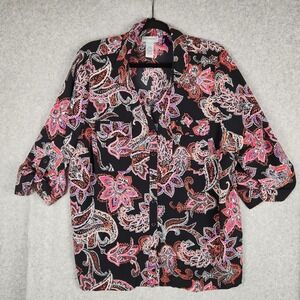 Catherines Shirt Womens 1X‎ Black Paisley Print Button Up Roll Tab